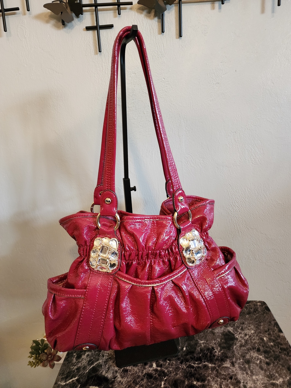 Kathy Van Zeeland Shiny Fuchsia Shoulder Bag with Gem Accents